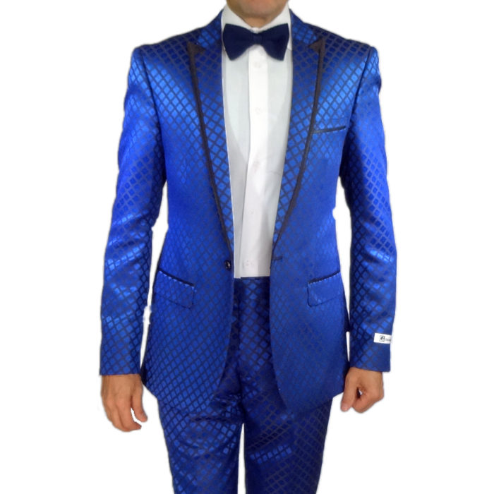GT blue slim fit suit square pattern front bow tie
