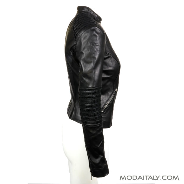 Black Lamb Leather Knit Mix Moto Jacket