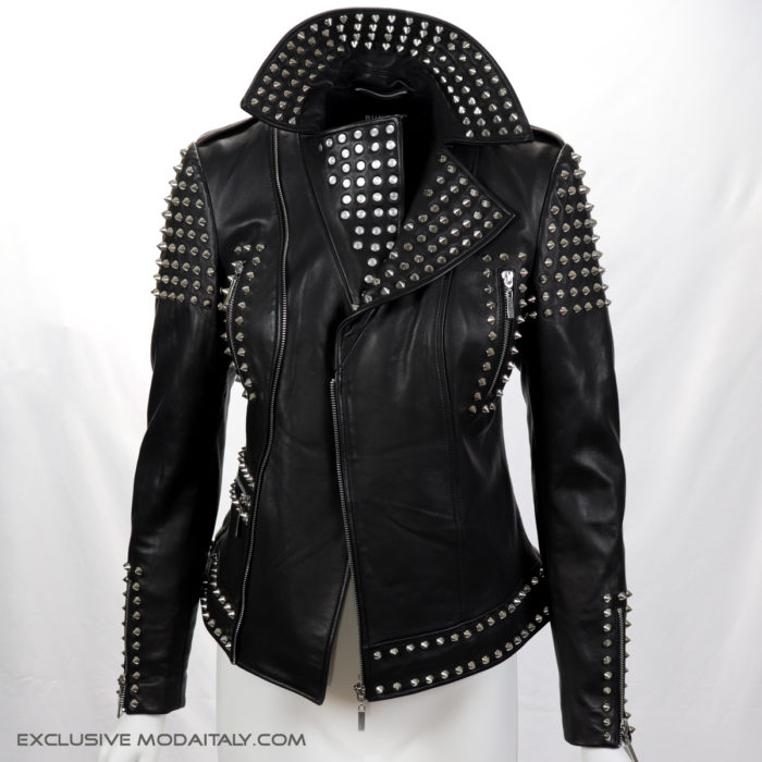 Black Studded Lambskin Leather Biker Jacket
