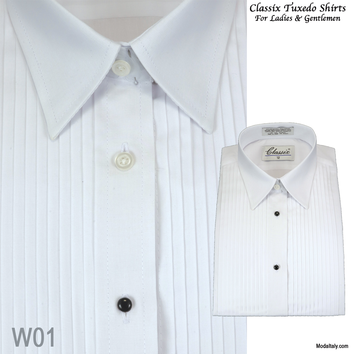 White 1/4 Pleat Laydown Collar Tuxedo Shirt