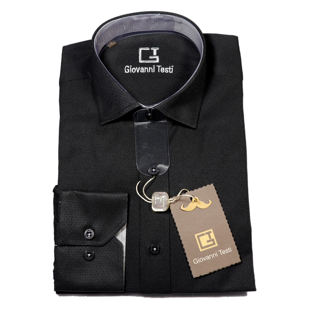 Giovanni Testi Black Laydown Dress Shirt Micro-Diamond Fabric