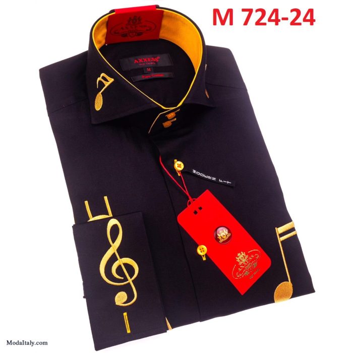 AXXESS Musician High Collar Dress Shirts Black Gold