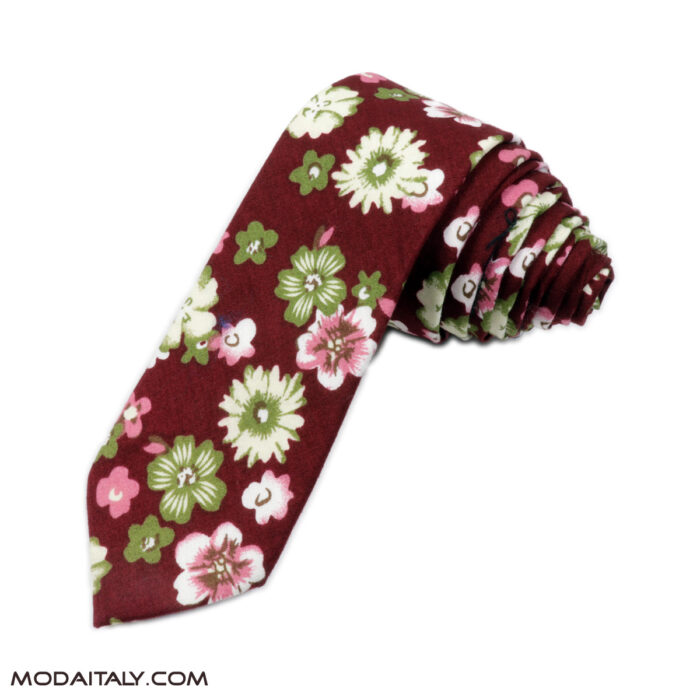 Skinny Tie Dazi Floral Red Cotton Necktie