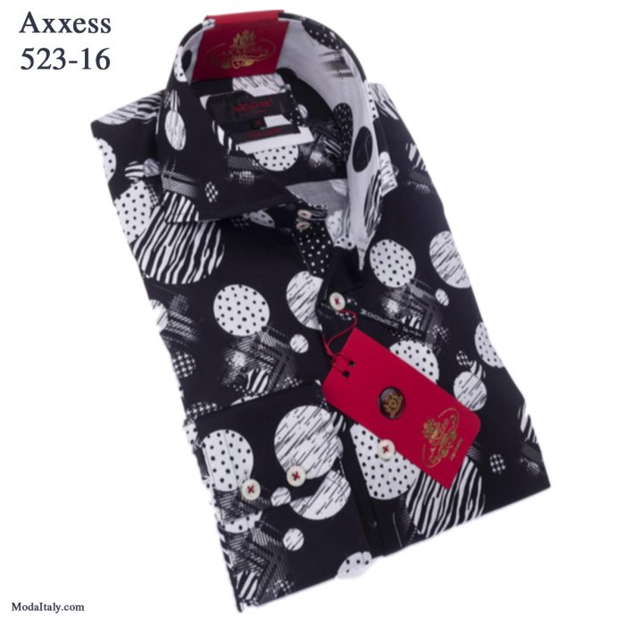 Axxess Black Cutaway Spread High-Collar Dress Shirts WHT Dot Pattern