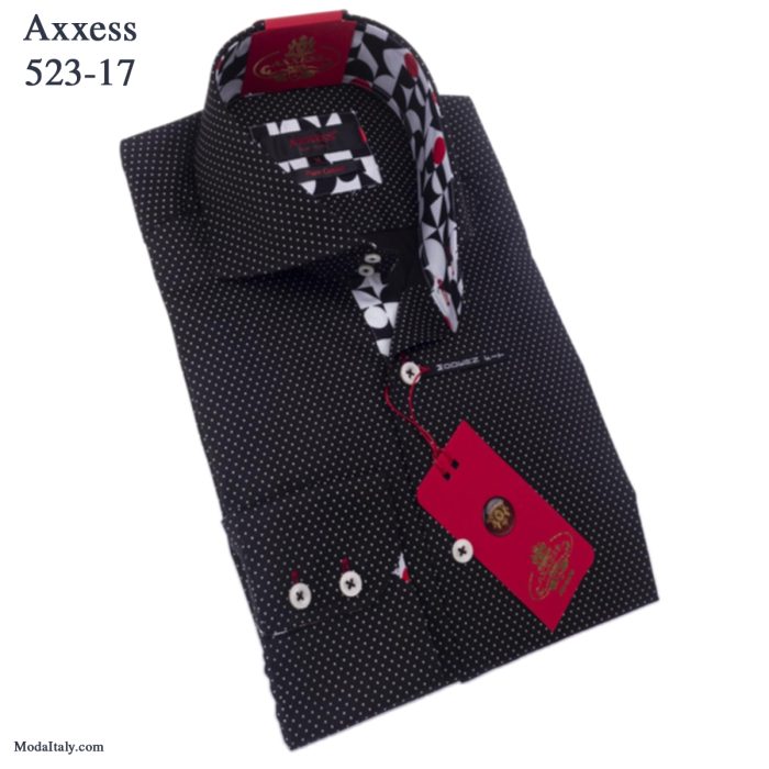 Axxess Black Micro-Dot High-Collar Dress Shirts Spread Collar