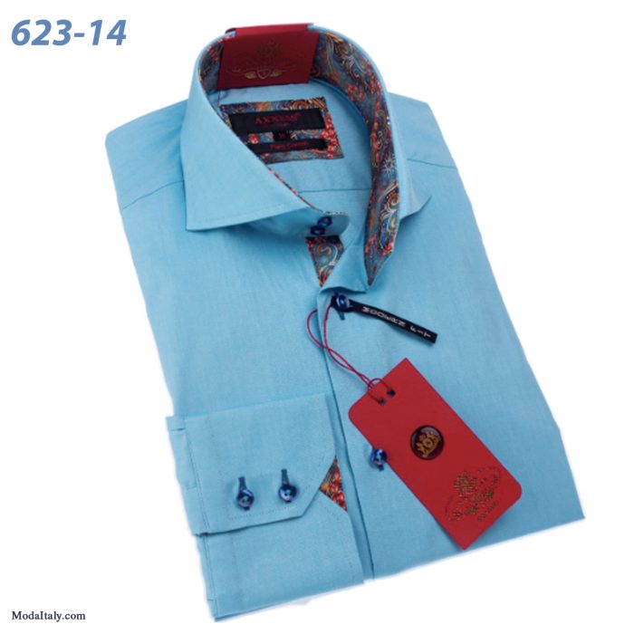 Axxess Blue High-Collar Dress Shirts Spread Collar