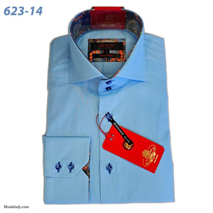 Axxess Blue High-Collar Dress Shirts Spread Collar