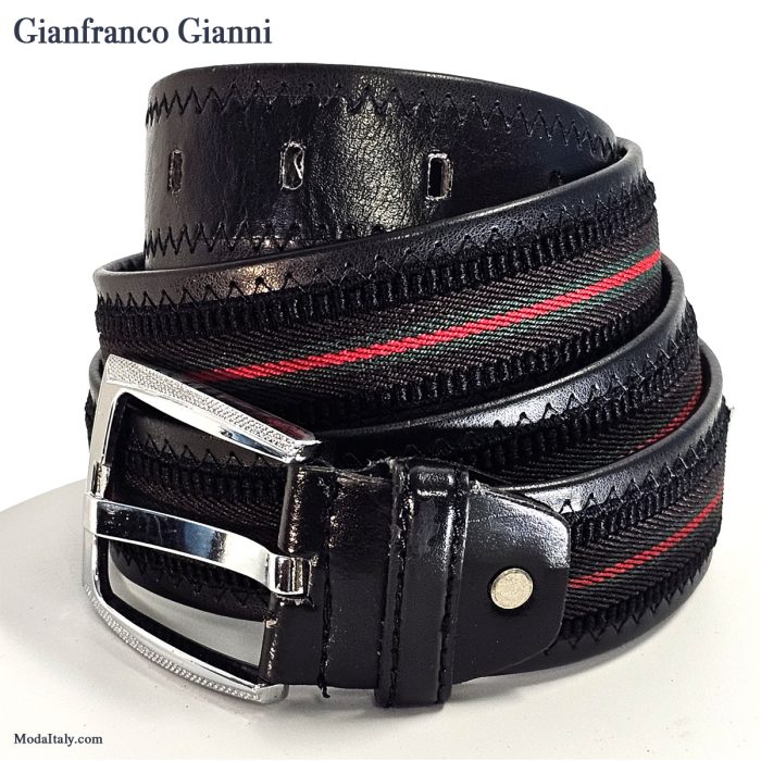 BLACK 35MM EUROPEAN RIBBED STRIPED GRN/RED SURCINGLE BELT