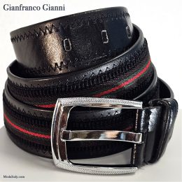 BLACK 35MM EUROPEAN RIBBED STRIPED GRN/RED SURCINGLE BELT