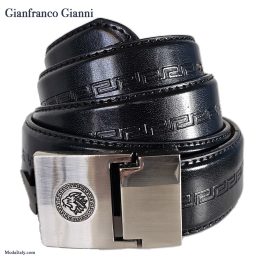 Black & Brown 35MM Leather w/ Chrome Giovanni Logo Plague Buckle Belt