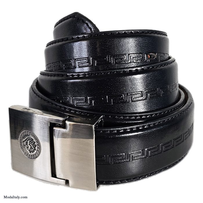 Black & Brown 35MM Leather w/ Chrome Giovanni Logo Plague Buckle Belt