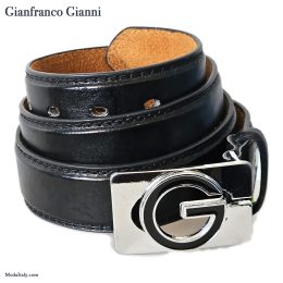 Black & Brown 35MM Leather w/Chrome Giovanni Logo Plague Buckle Belt