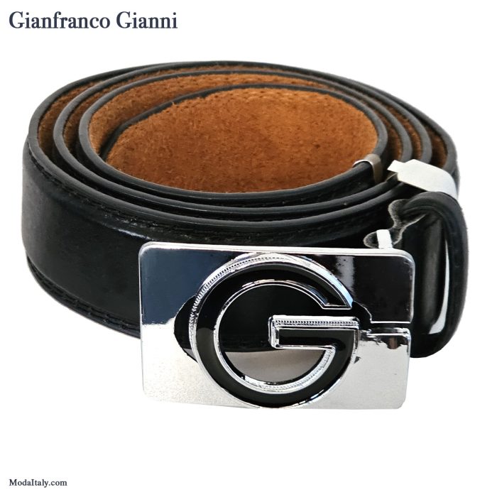 Black & Brown 35MM Leather w/Chrome Giovanni Logo Plague Buckle Belt