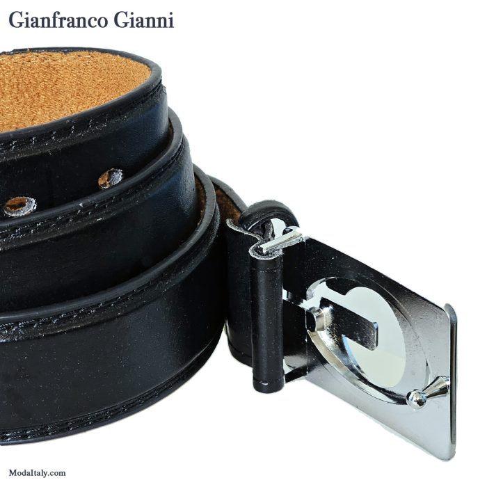 Black & Brown 35MM Leather w/Chrome Giovanni Logo Plague Buckle Belt