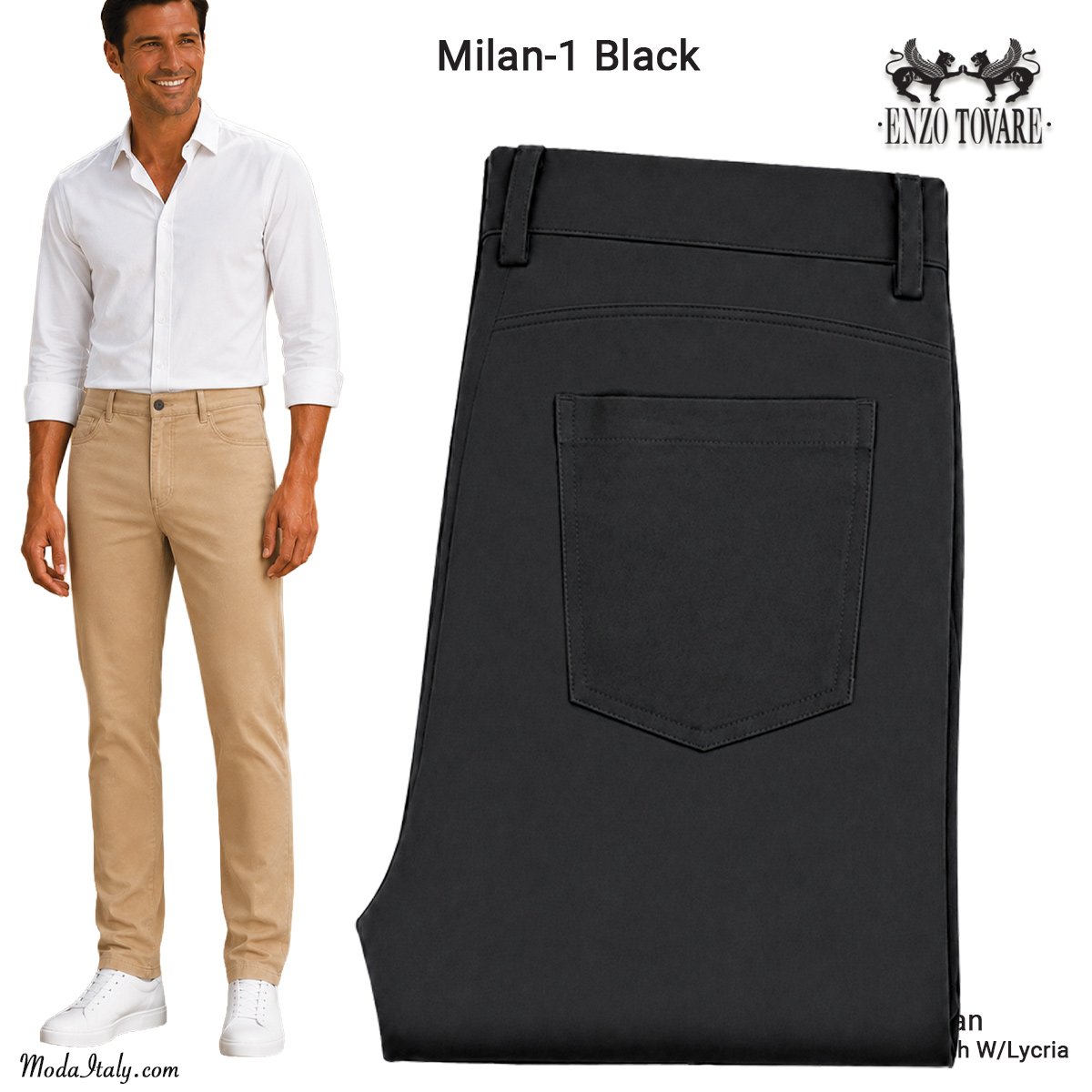 Enzo Milan 4 Way Stretch Fabrics in Black, Navy, Gray & Camel